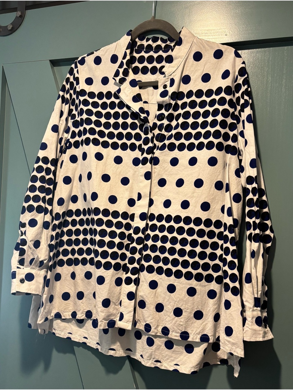 Zuri White Button-Up Shirt with Navy & Black Polka Dot pattern